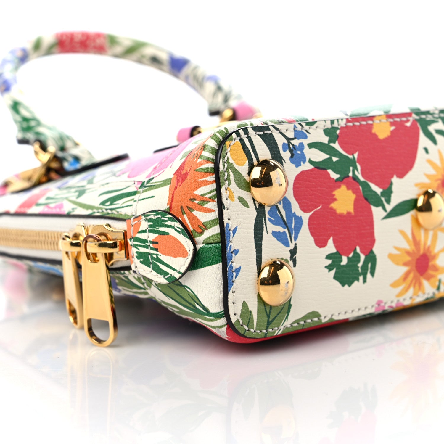Gucci X KEN SCOTT New Shangai Calfskin Jardin D'Avril Floral Print Mini Horsebit 1955 Top Handle Bag Ivory Pink Wild Rose 9 of 10