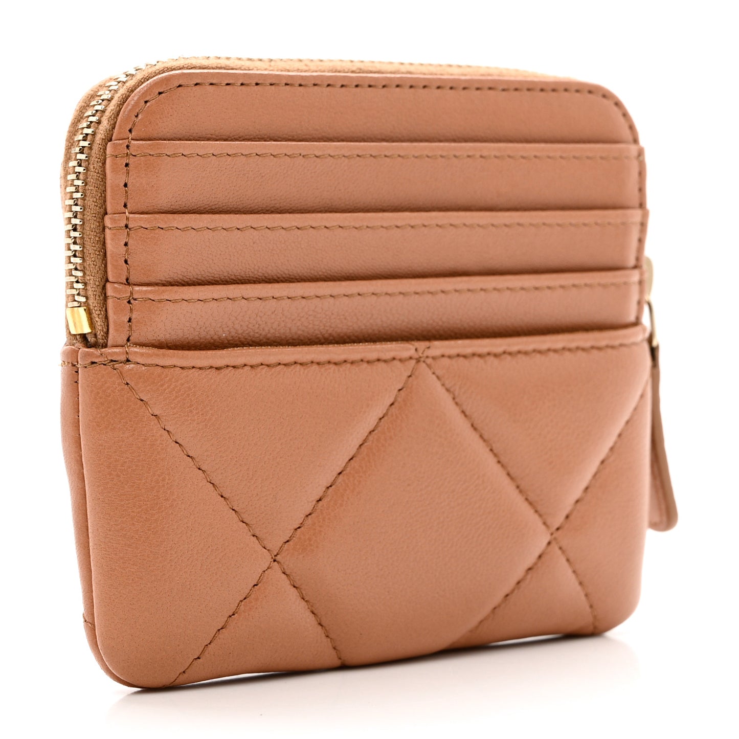 Lambskin Quilted Chanel 19 Zip Card Holder Wallet Brown