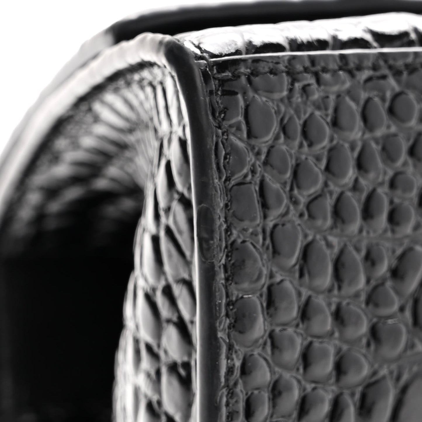 Shiny Calfskin Monochrome Crocodile Embossed Small Hourglass Top Handle Bag Black