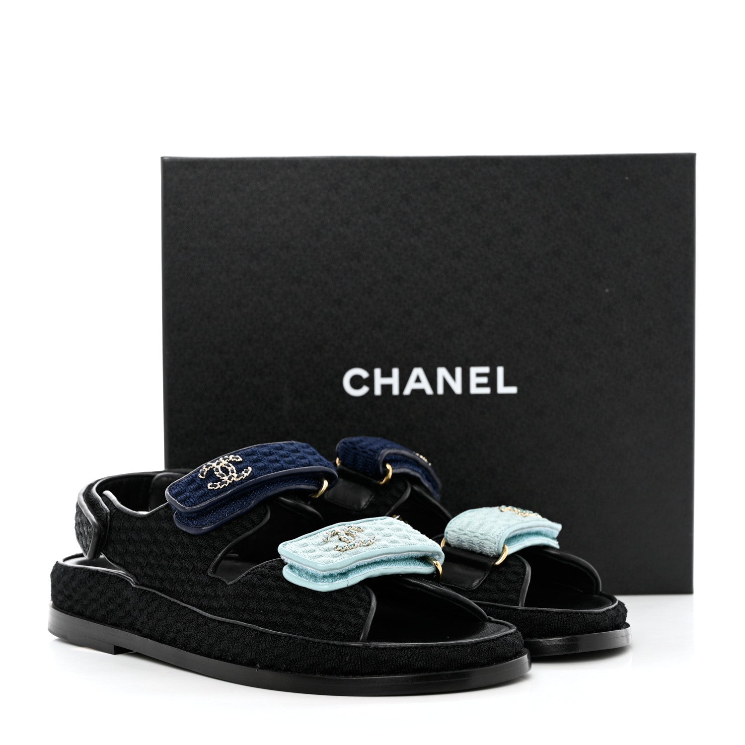 Chanel Knit Fabric Velcro Dad Sandals 39 Black Dark Blue Light Blue 9 of 9