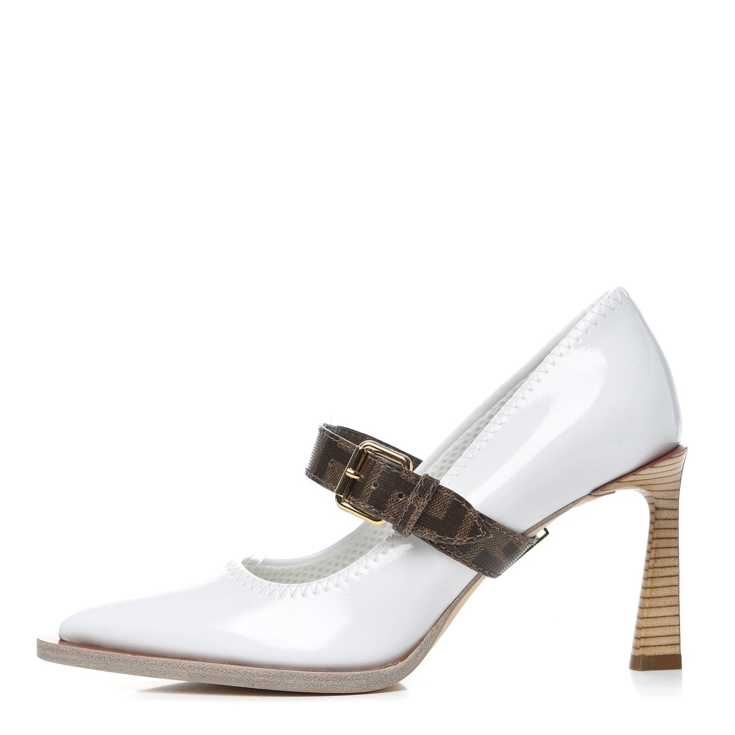 Glossy Neoprene Glazed Fabric FF FFrame Court Mary Jane Pumps 37.5 White Tobacco Moro