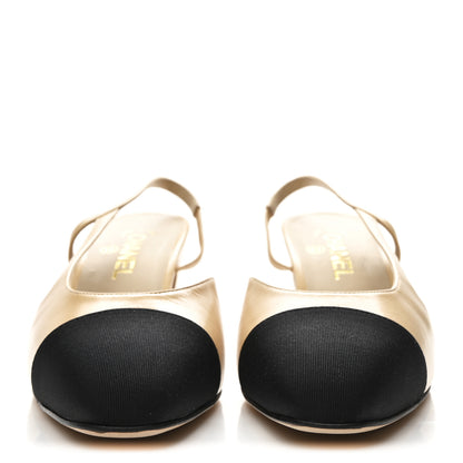 Chanel Goatskin Grosgrain Cap Toe CC Slingback Pumps 40.5 Beige Black 2 of 10