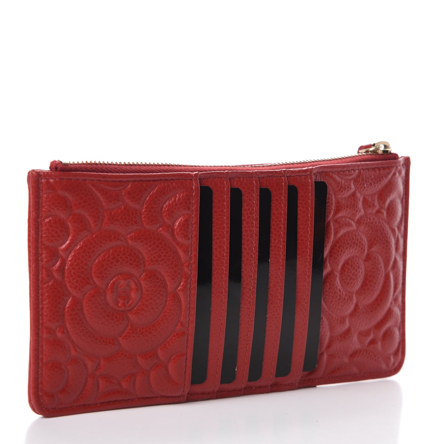 Caviar Camellia Embossed Classic Flat Wallet Pouch Red