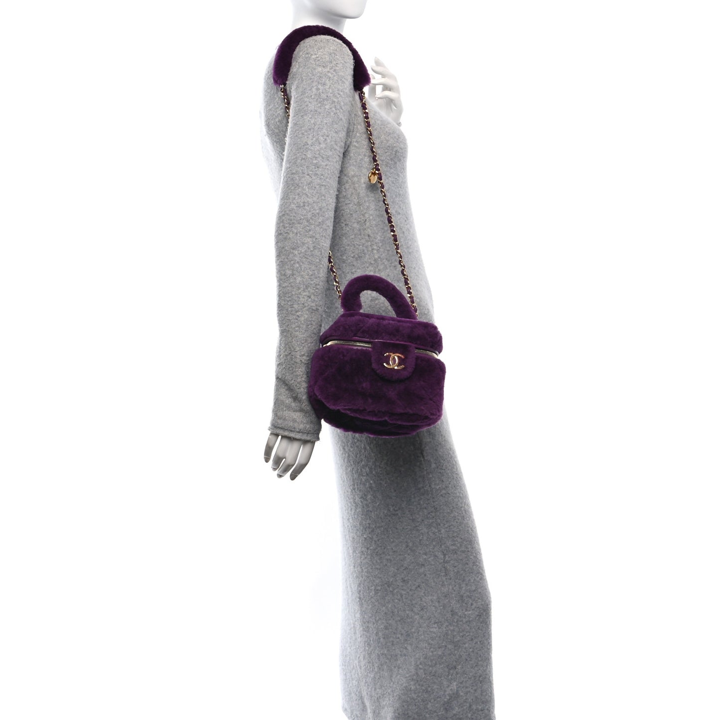 Shearling Lambskin Quilted Small Vanity Case Purple