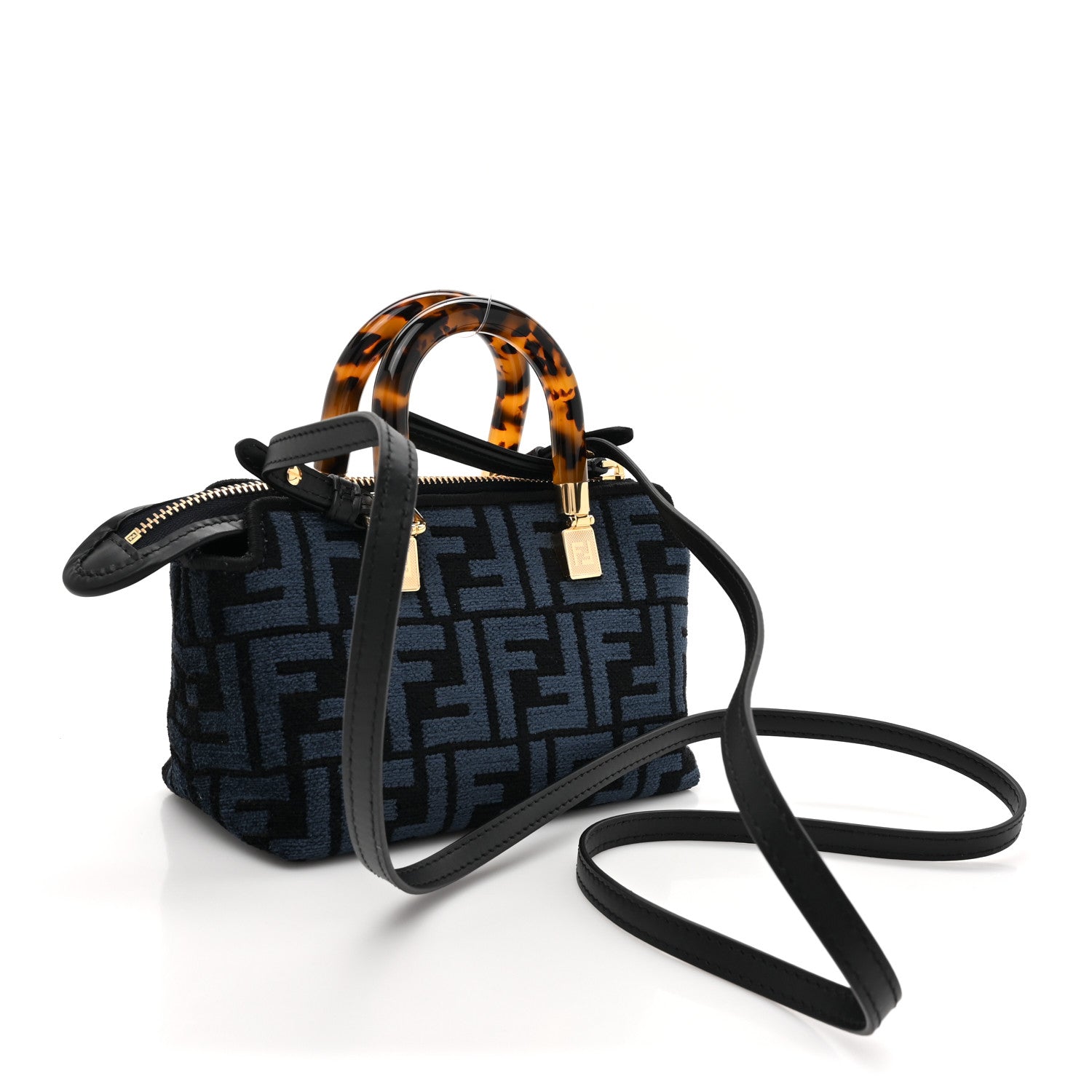 Fendi Chenille Vitello King Plexiglass FF Mini By The Way Top Handle Boston Bag Blue Black 3 of 10