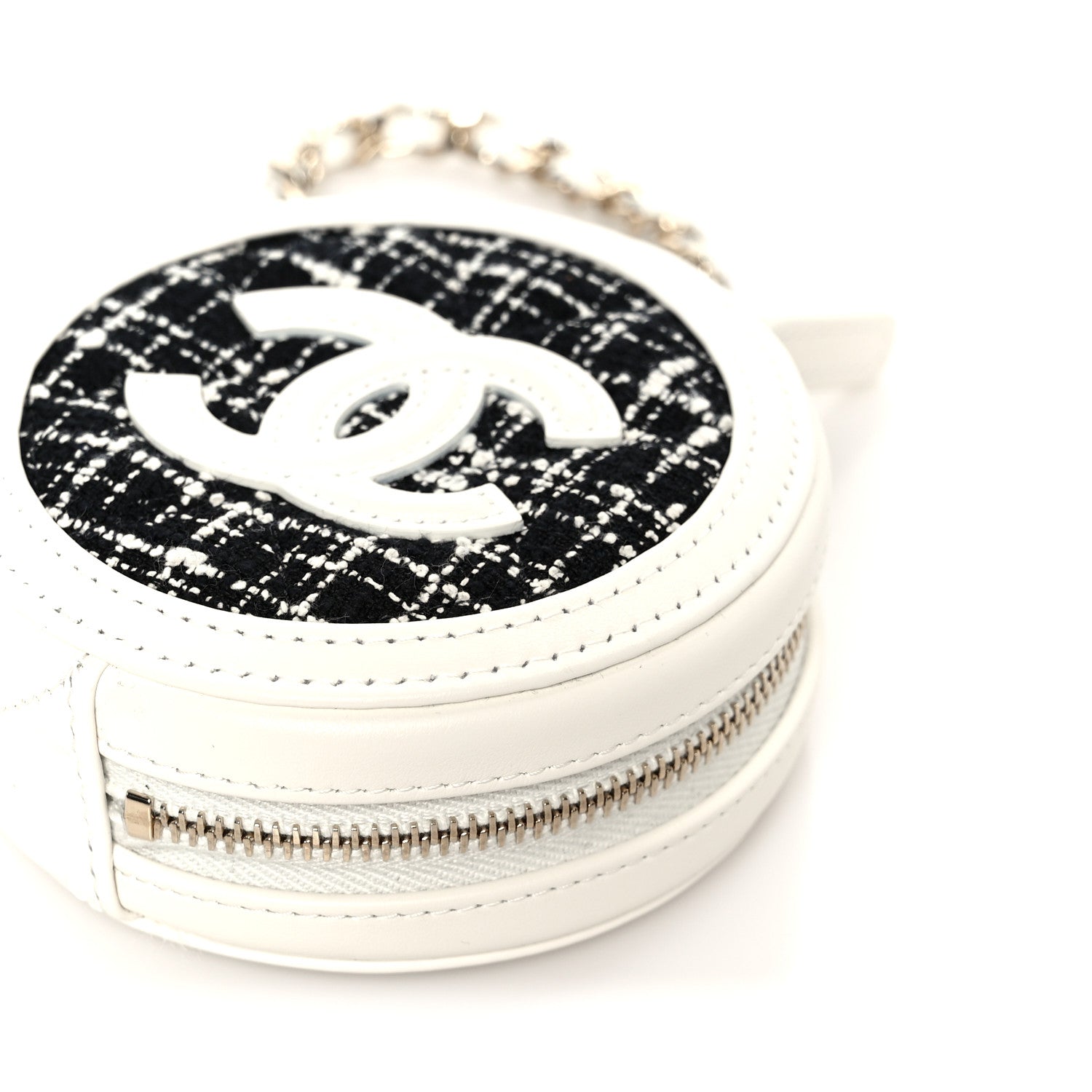 Chanel Tweed Quilted Round Filigree Pouch With Chain White Black 10 of 10