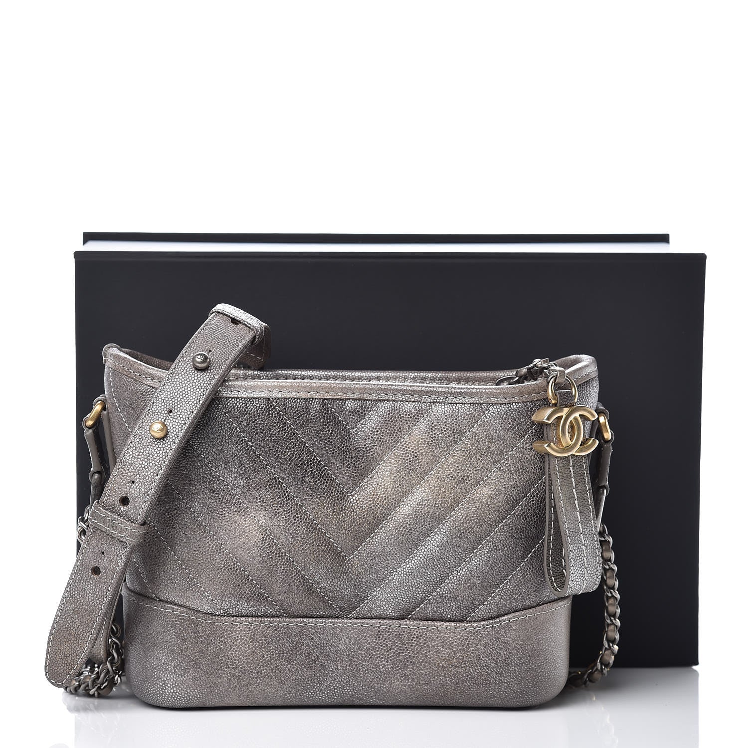 Chanel Metallic Caviar Chevron Quilted Small Gabrielle Hobo Light Silver Gold 8 of 8