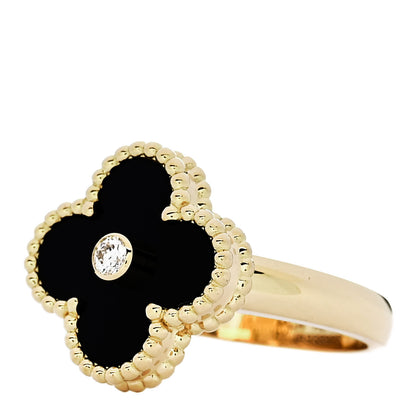 Van Cleef & Arpels 18K Yellow Gold Black Onyx Diamond Vintage Alhambra Ring 51 5.75 3 of 5