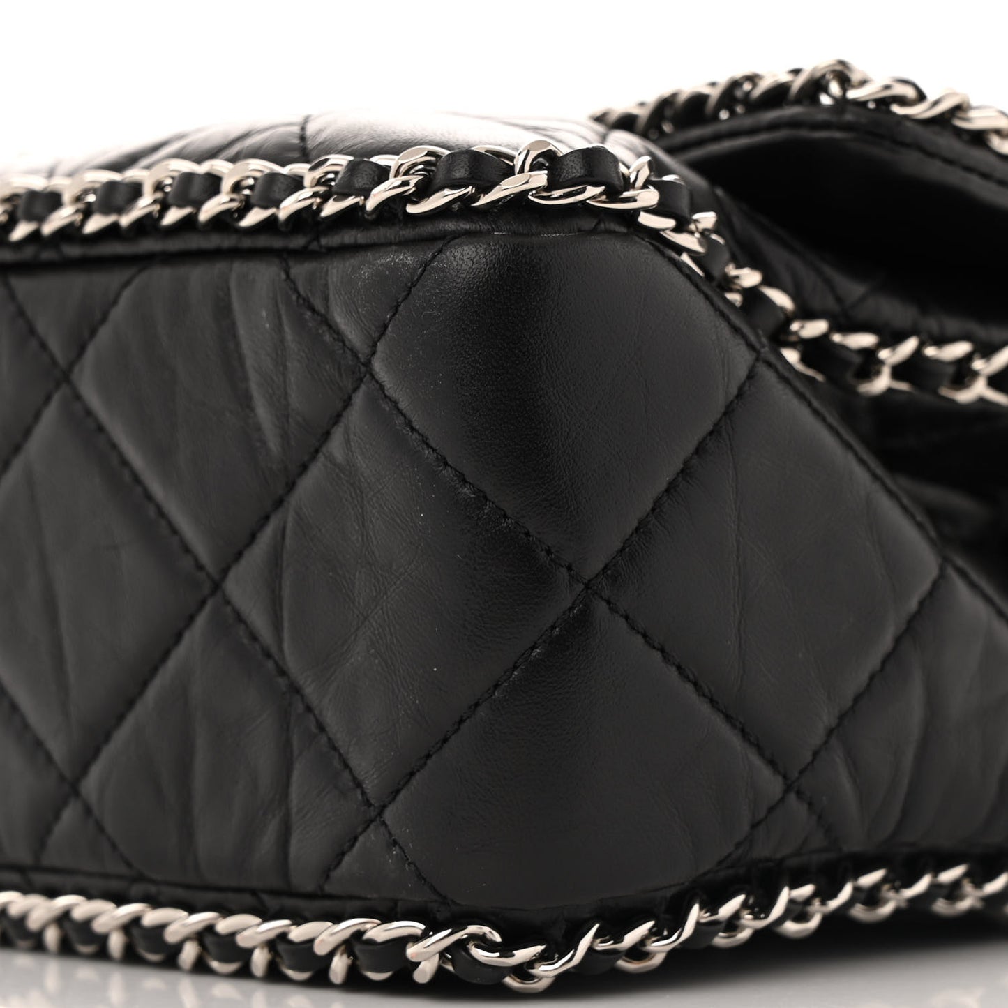 Crumpled Calfskin Quilted Large Chain All Over Flap Bag Black