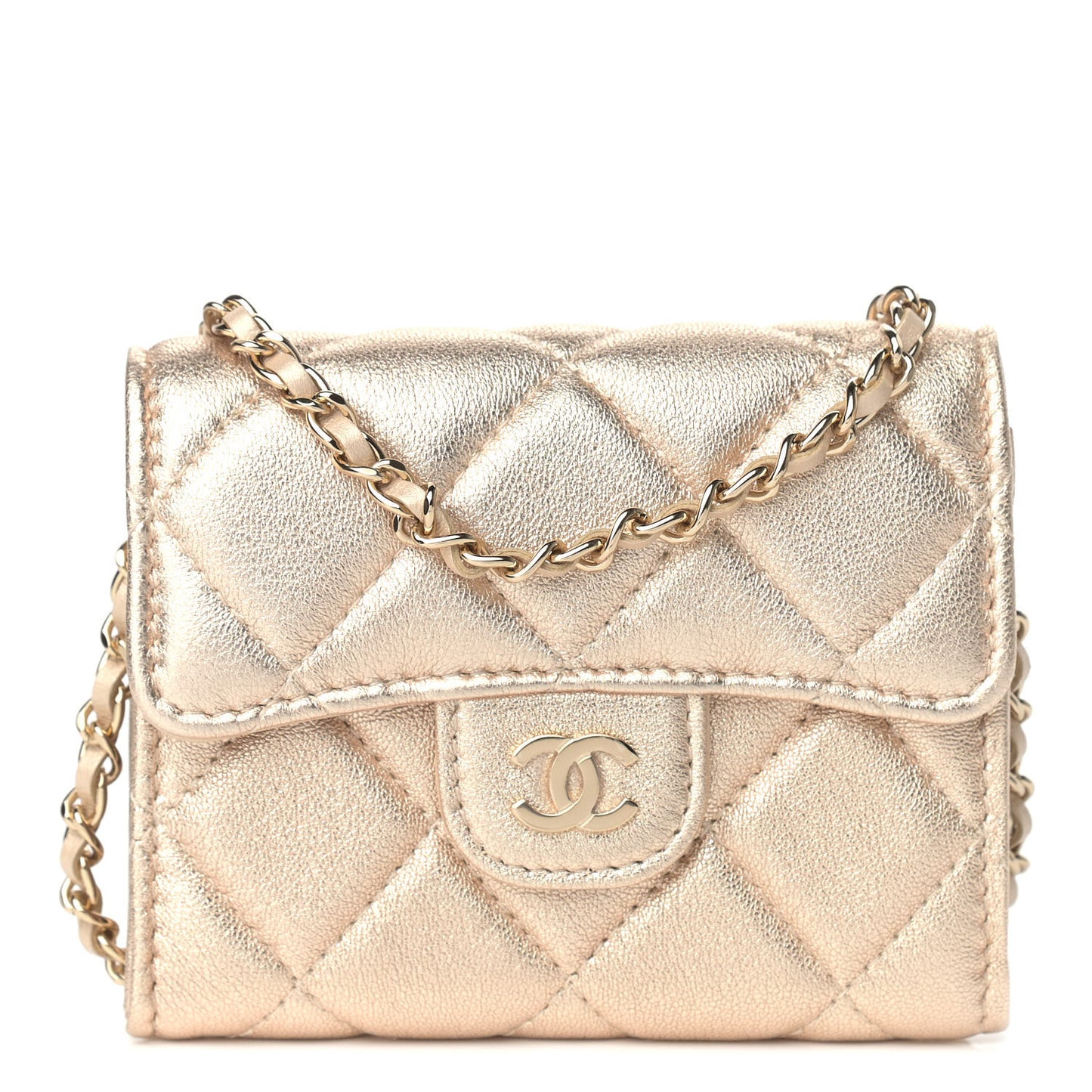 Metallic Lambskin Quilted Flap Card Holder On Chain Gold