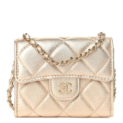 Chanel Metallic Lambskin Quilted Flap Card Holder On Chain Gold 1 of 10