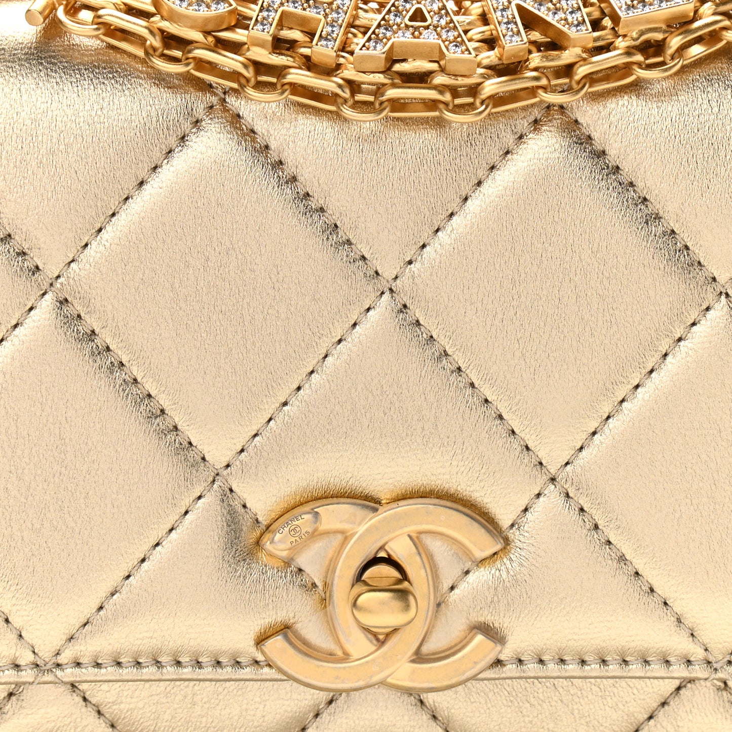Metallic Lambskin Quilted Mini CC Crystal Logo Chain Flap Gold