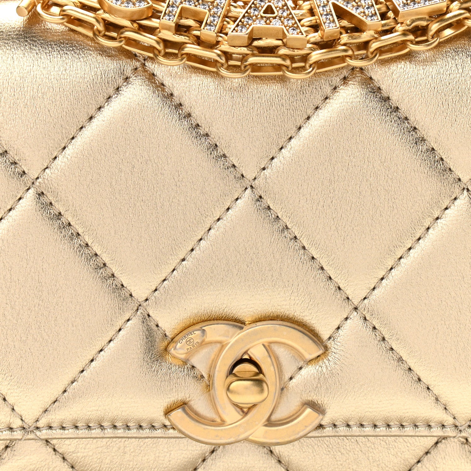Chanel Metallic Lambskin Quilted Mini CC Crystal Logo Chain Flap Gold 8 of 11