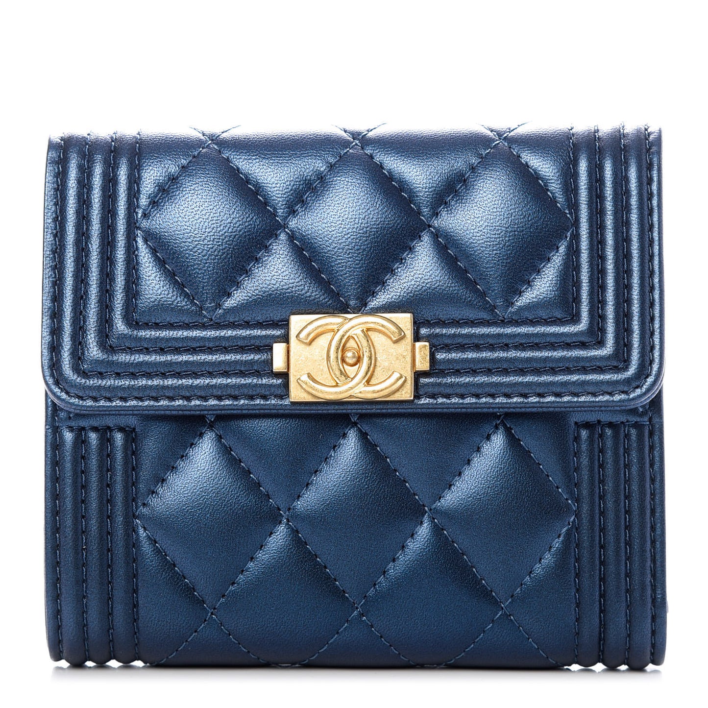 Metallic Lambskin Quilted Compact Boy Wallet Blue