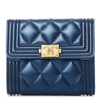 Chanel Metallic Lambskin Quilted Compact Boy Wallet Blue 1 of 8