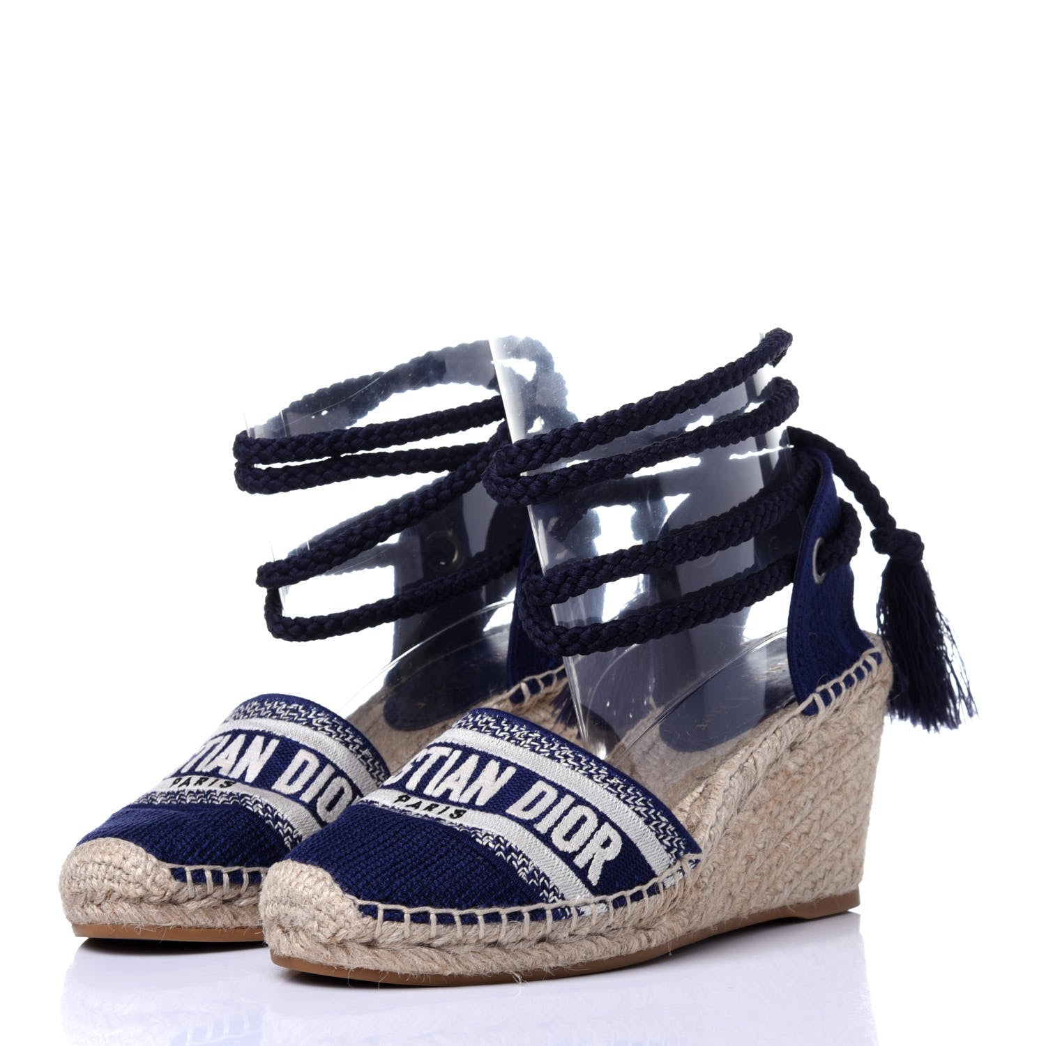 Christian Dior Canvas Embroidered Granville Ankle Tie Espadrille Wedges 36.5 Indigo Blue 5 of 15