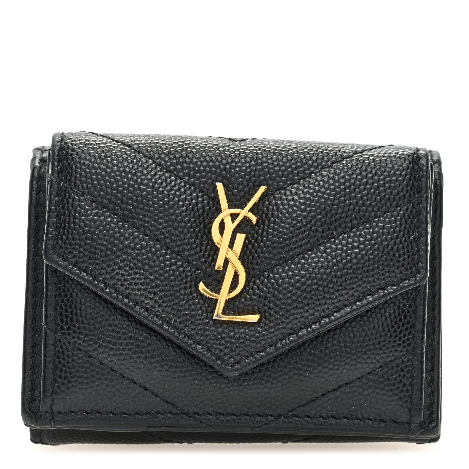 Saint Laurent Grain De Poudre Matelasse Chevron Monogram Compact Tri Fold Pocket Wallet Black 1 of 6