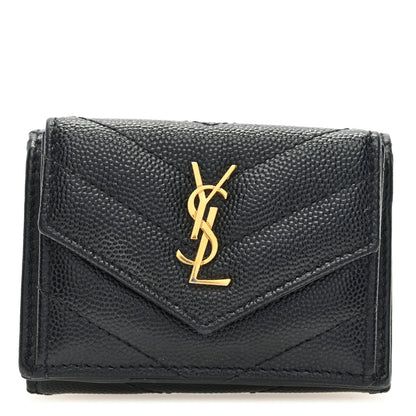 Saint Laurent Grain De Poudre Matelasse Chevron Monogram Compact Tri Fold Pocket Wallet Black 1 of 6