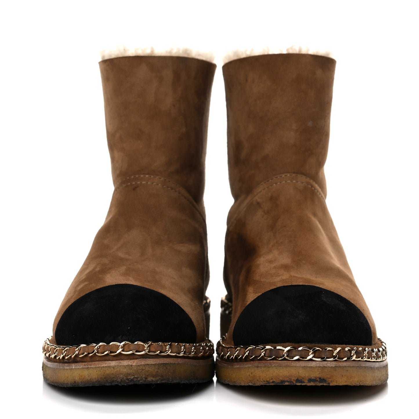 Kid Suede Shearling Womens Cap Toe Chain Short Boots 40.5 Light Brown Black