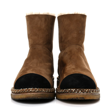 Chanel Kid Suede Shearling Womens Cap Toe Chain Short Boots 40.5 Light Brown Black 2 of 24