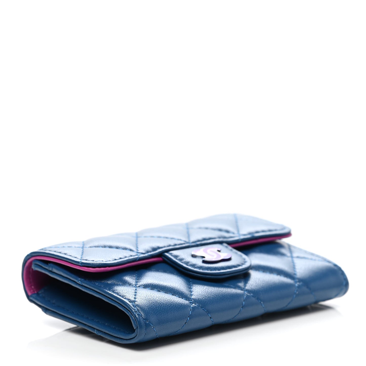 Lambskin Quilted Flap Card Holder Wallet Blue Pink