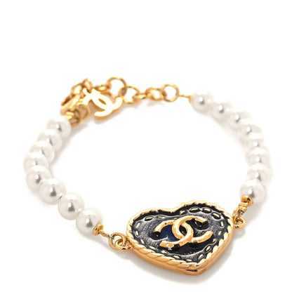 Chanel Metal Denim CC Heart Bracelet Gold Blue Pearly White 1 of 4