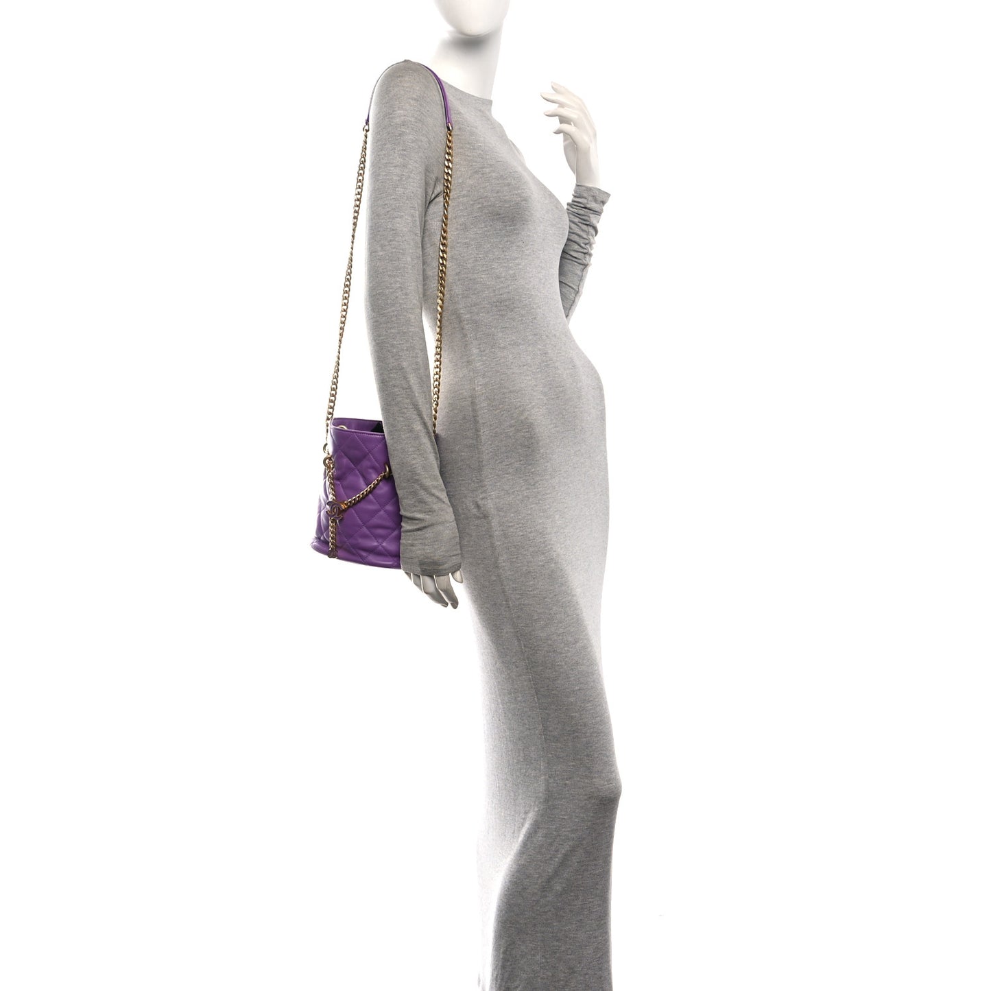 Lambskin Enamel Quilted Pending CC Bucket Drawstring Bag Purple