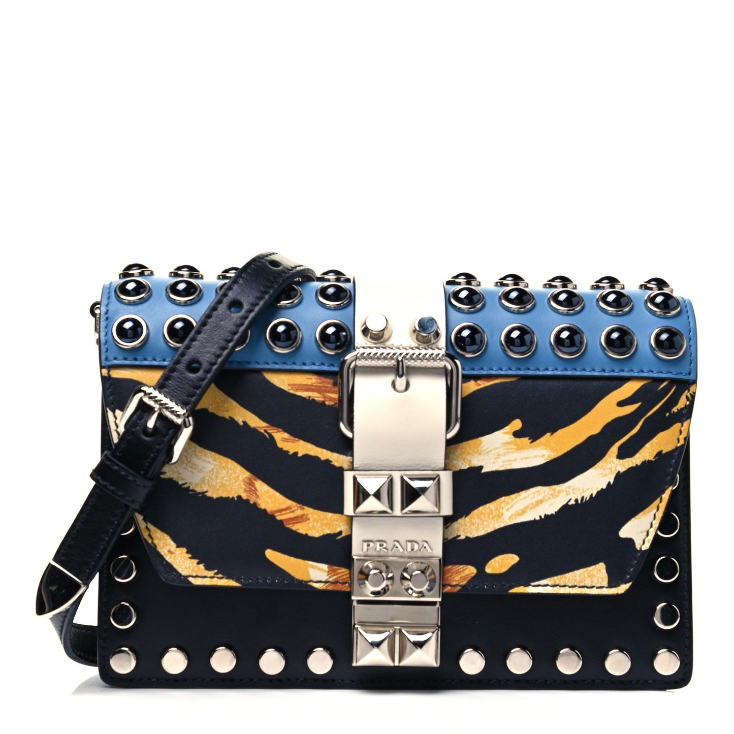 City Calfskin Comic Print Studded Elektra Shoulder Bag Topaz Black