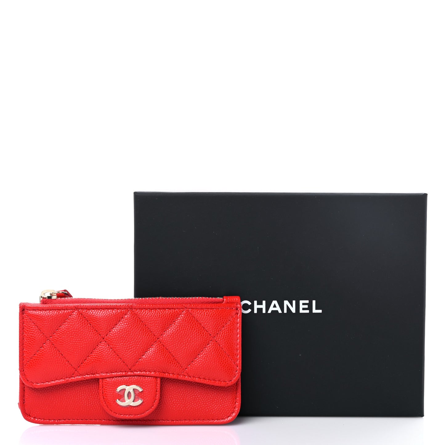 Caviar Quilted Flap Zip Card Holder Red