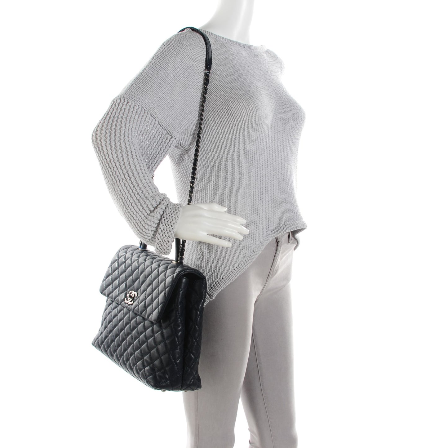Caviar Quilted Large Coco Handle Flap Navy Blue