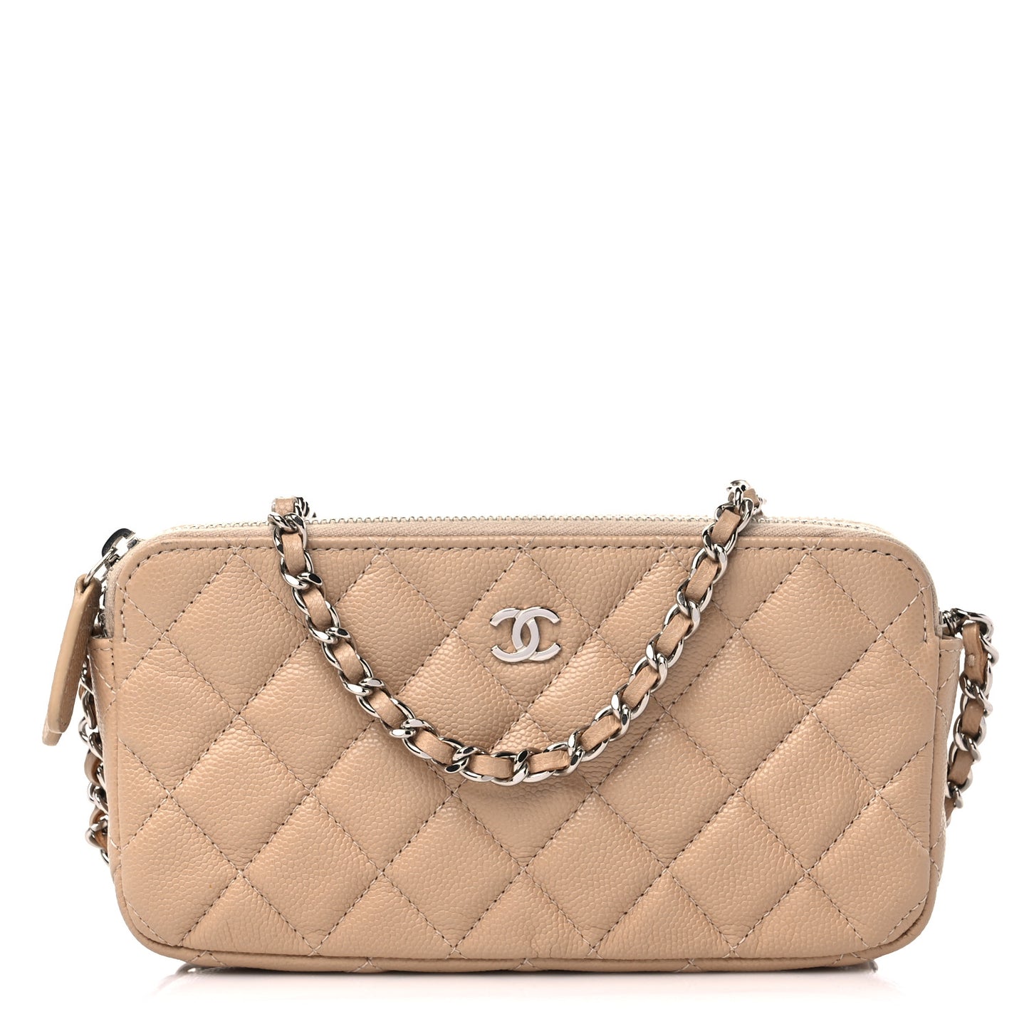 Caviar Quilted Small Clutch With Chain Beige