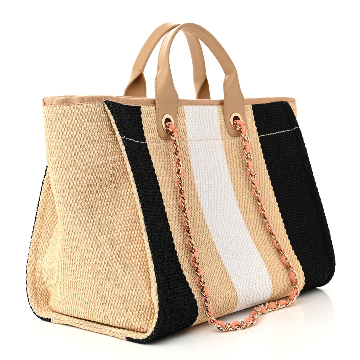 Straw Raffia Calfskin Striped Medium Deauville Tote Black Beige Ivory