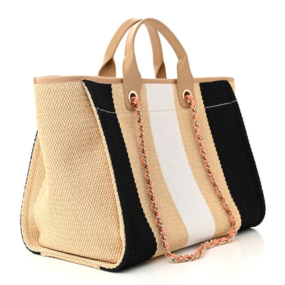 Chanel Straw Raffia Calfskin Striped Medium Deauville Tote Black Beige Ivory 3 of 10