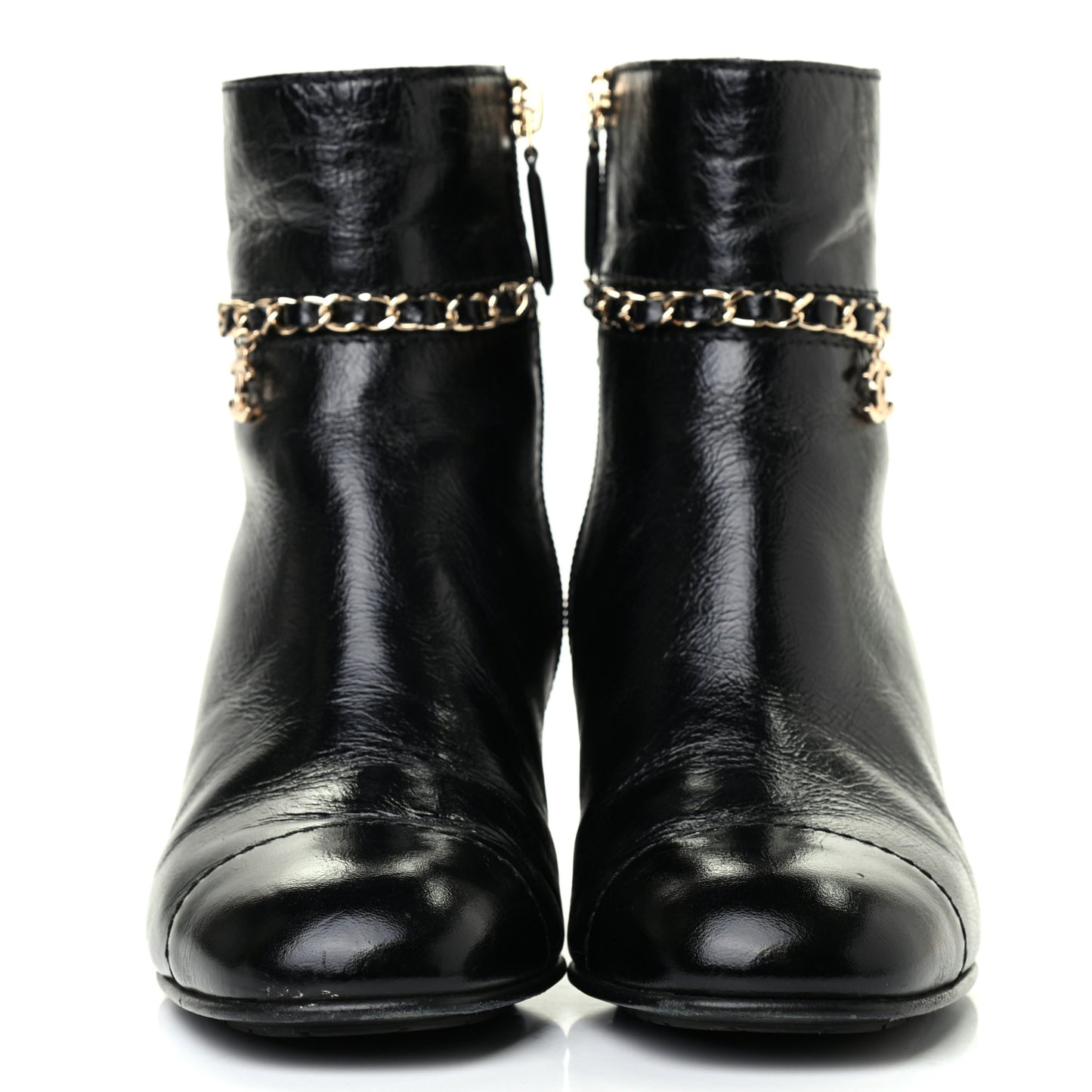 Crumpled Calfskin Cap Toe Chain Short Boots 35.5 Black