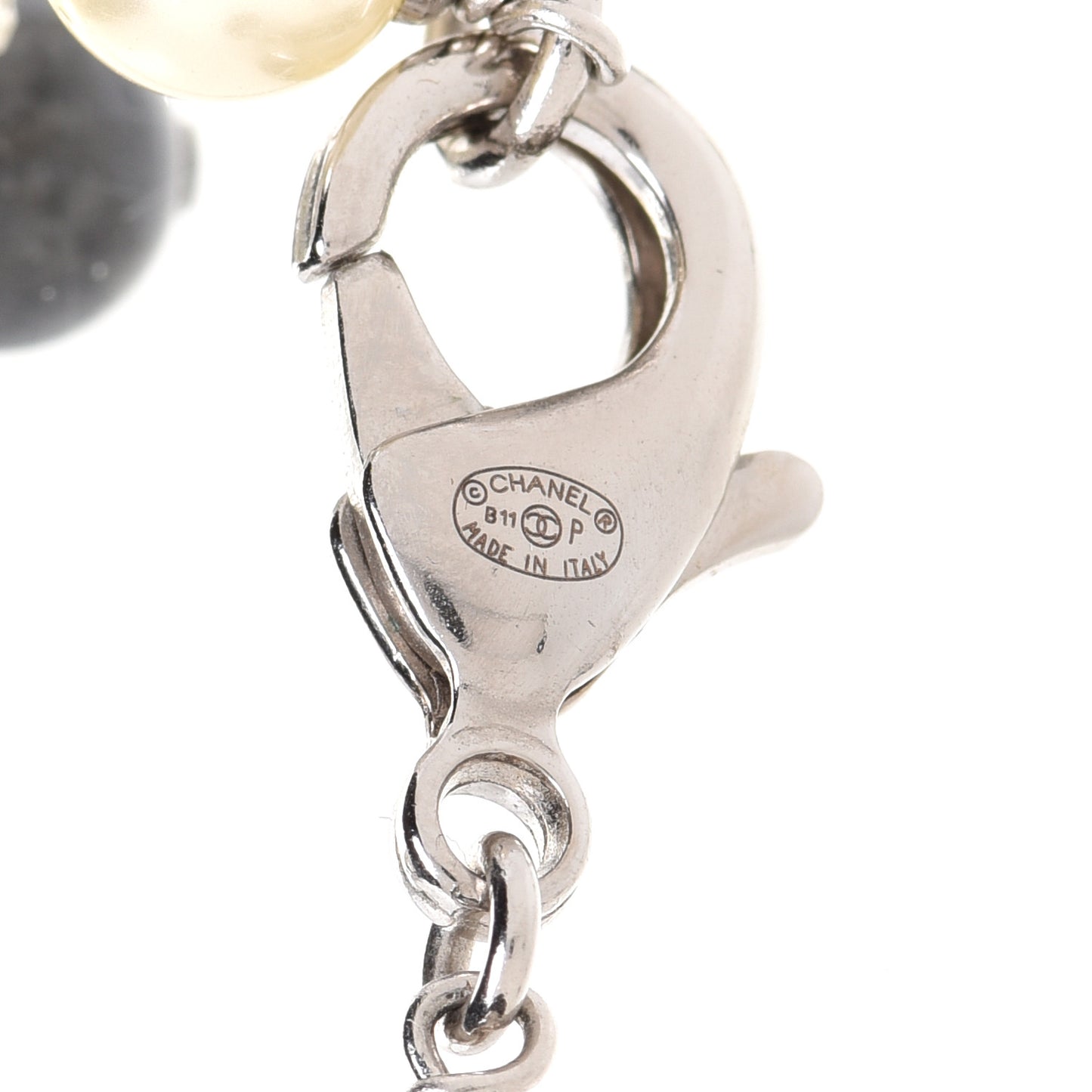 Pearl Crystal Bead CC Long Necklace Black Silver