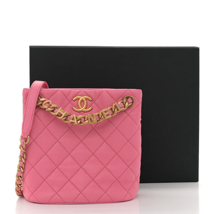 Chanel Lambskin Quilted Chaine Lettre Small Bucket Bag Pink 11 of 11