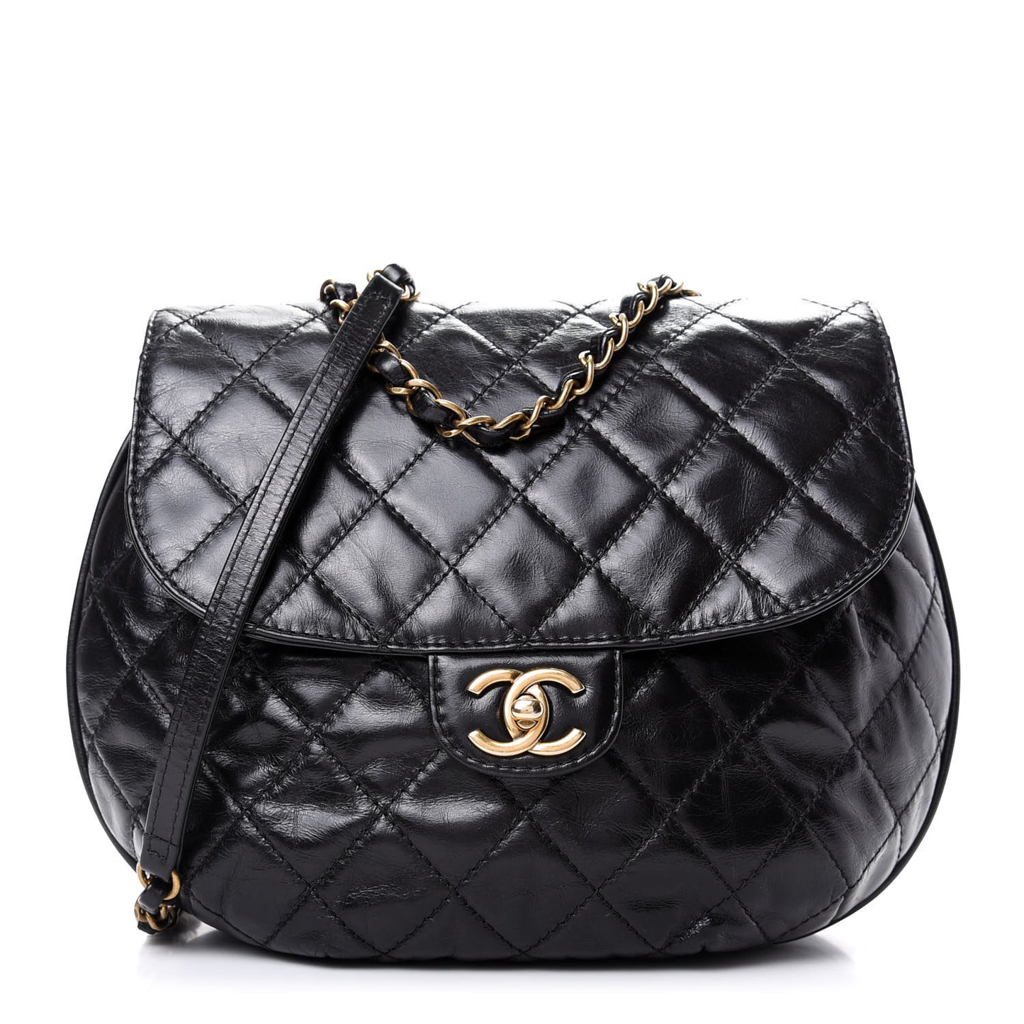 Glazed Calfskin Quilted Medium Bubble CC Flap Black