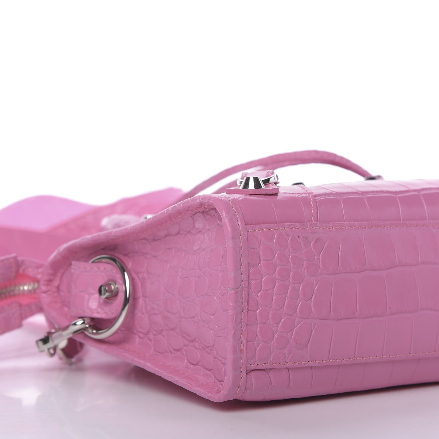 Shiny Supple Calfskin Crocodile Embossed Classic Silver Hardware Mini City Baby Pink