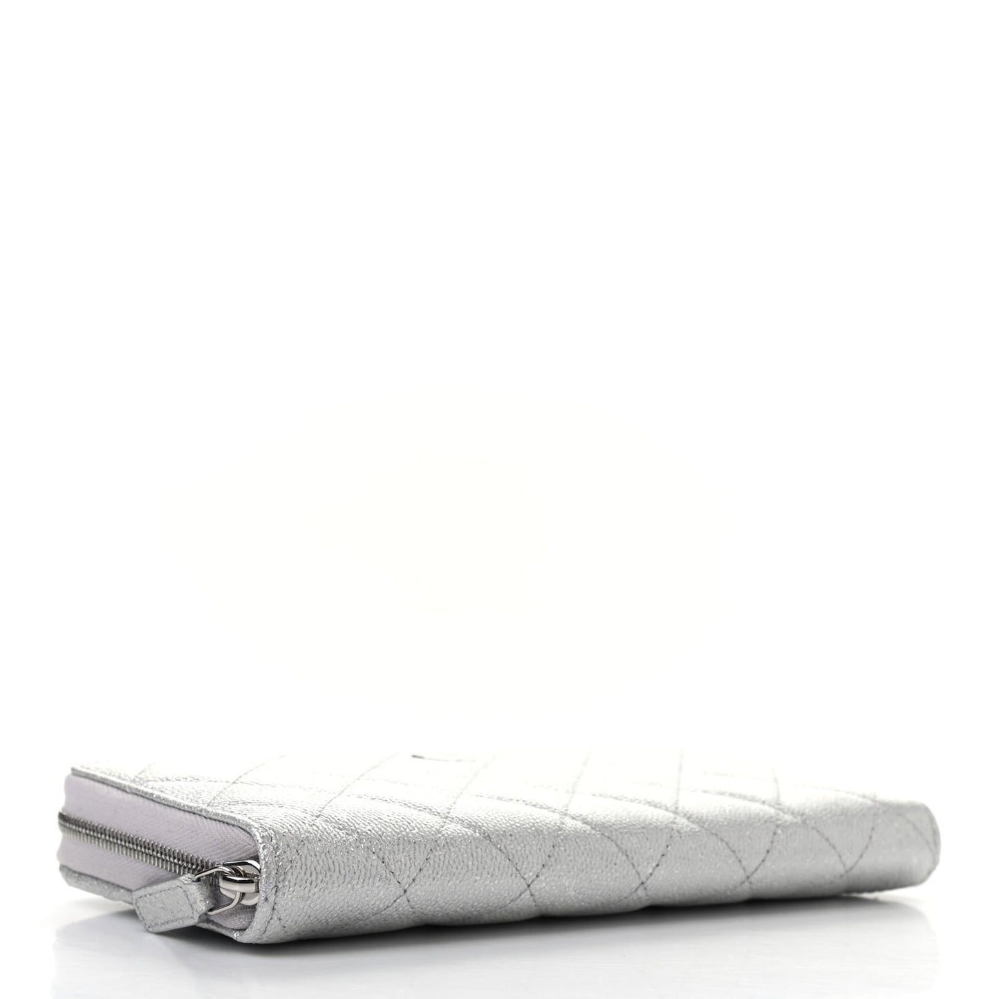 Metallic Caviar Quilted Large Gusset Zip Around Wallet Silver