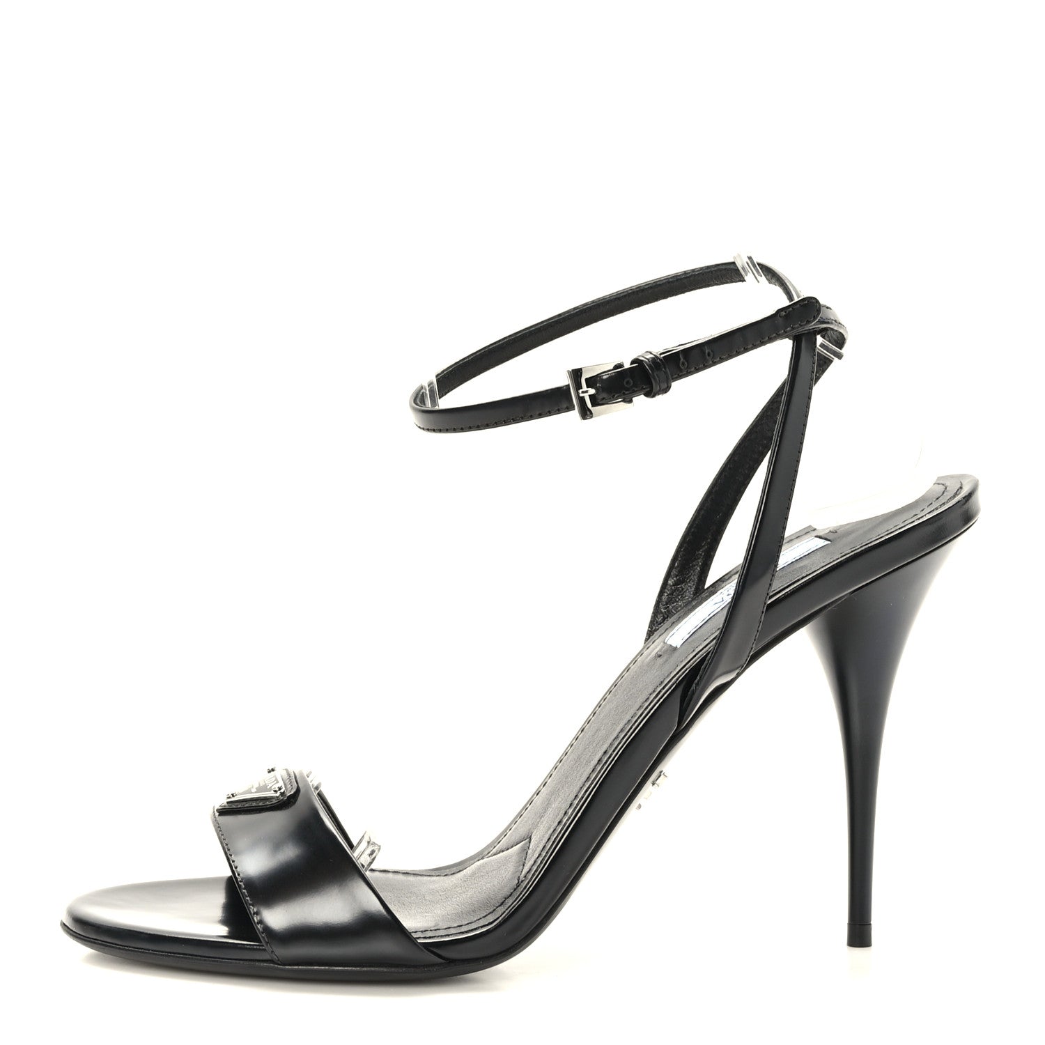Prada Spazzolato Metal Triangle Logo Ankle Strap 100mm Sandals 39 Black 1 of 8