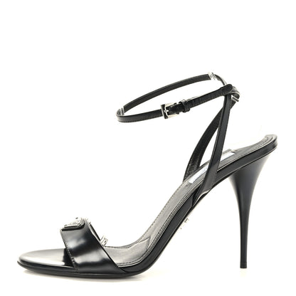 Prada Spazzolato Metal Triangle Logo Ankle Strap 100mm Sandals 39 Black 1 of 8