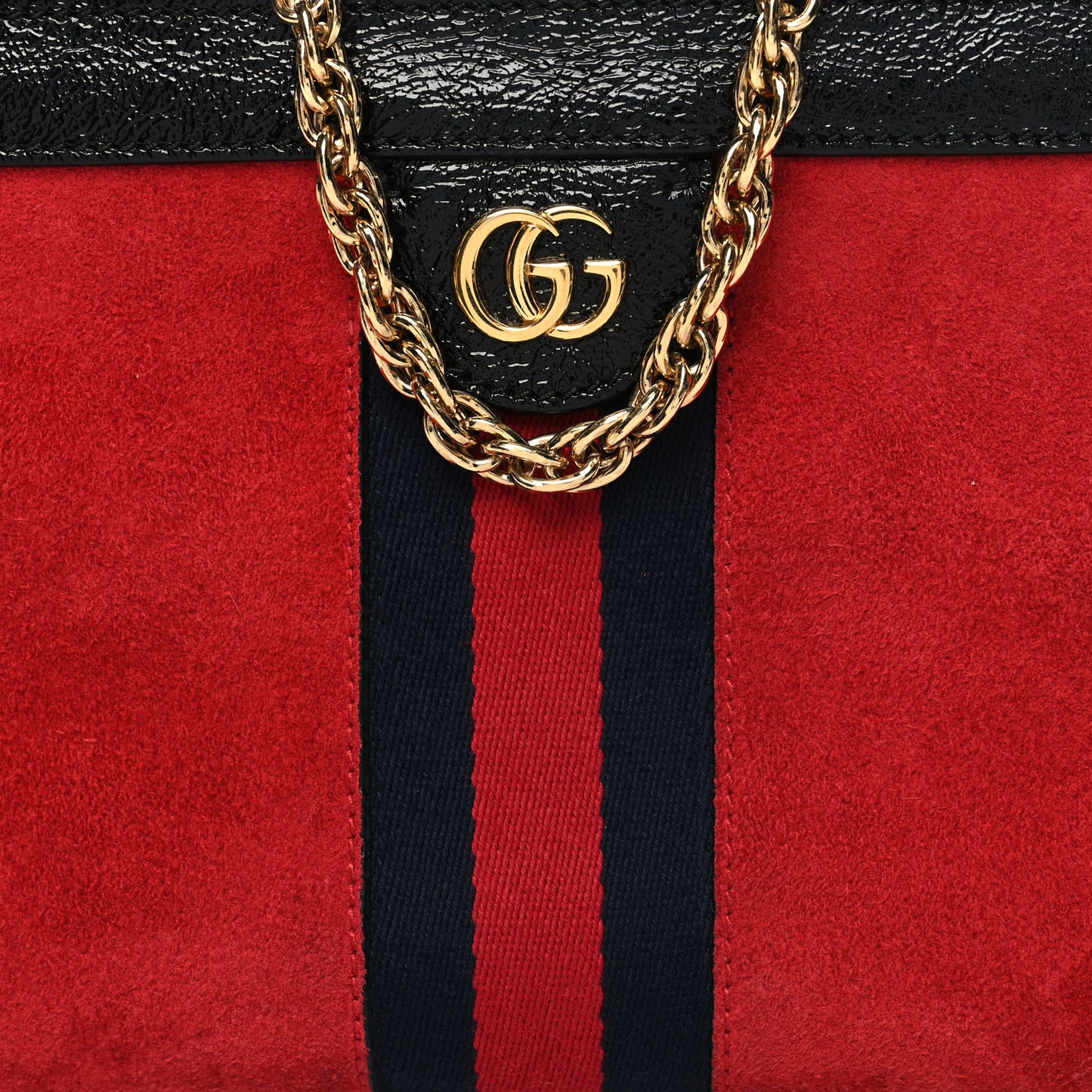 Suede Patent Web Small Ophidia Chain Shoulder Bag Hibiscus Red Black
