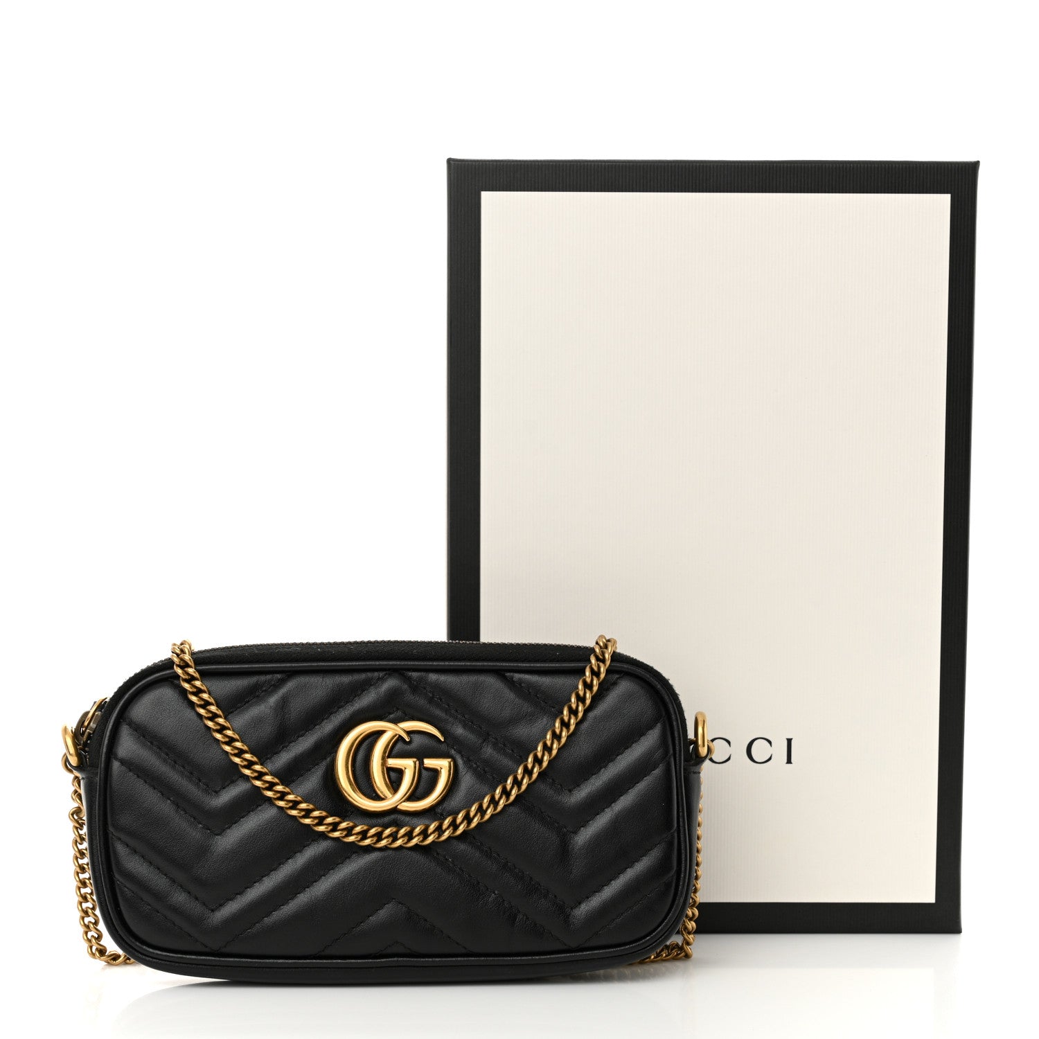 Gucci Calfskin Matelasse Mini GG Marmont Chain Crossbody Bag Black 13 of 13
