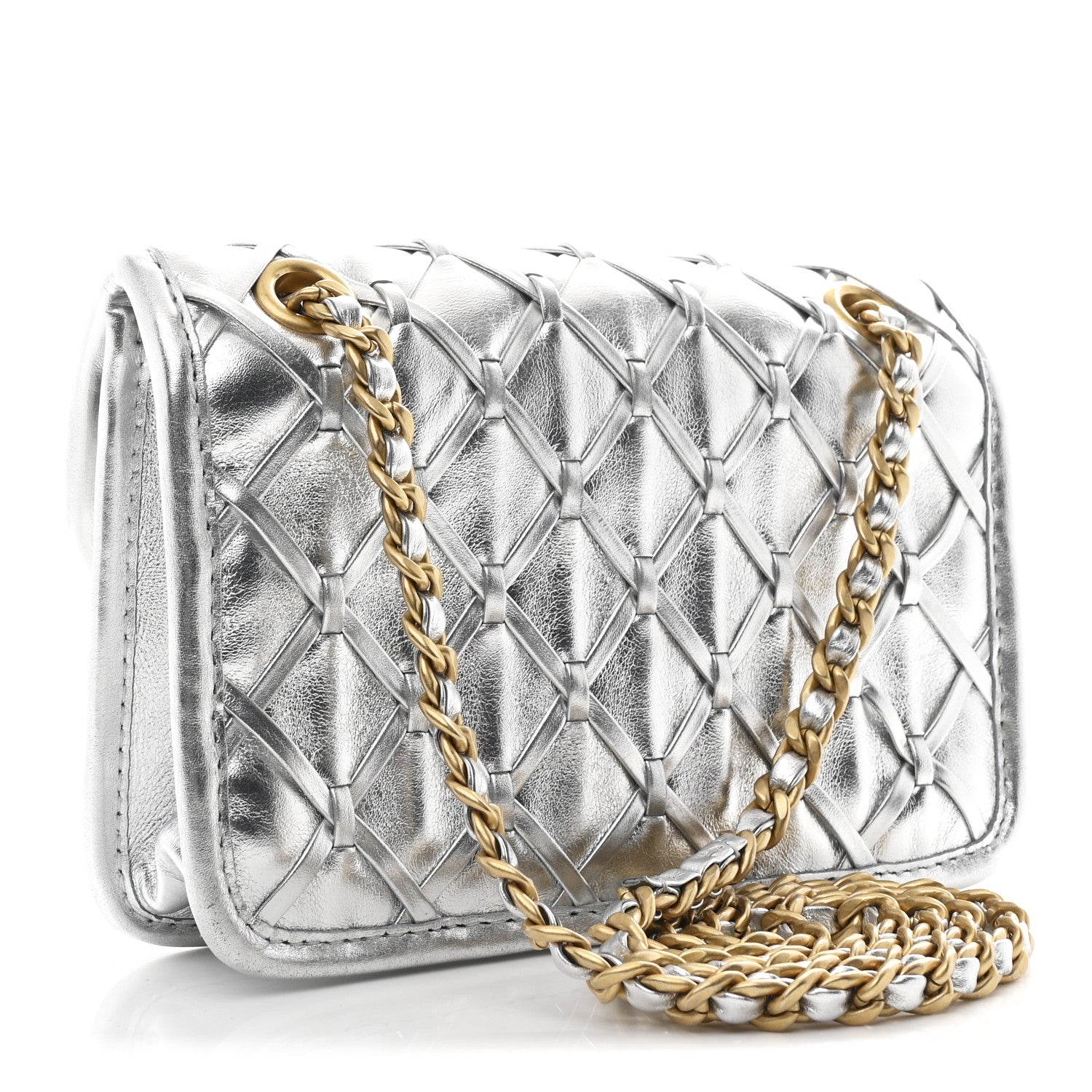 Chanel Metallic Calfskin Quilted Braided Mini Rectangular Flap Silver 3 of 11