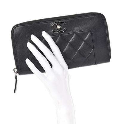 Chanel Sheepskin Quilted Large Gusset Mademoiselle Vintage Zip Around Wallet Black 2 of 11