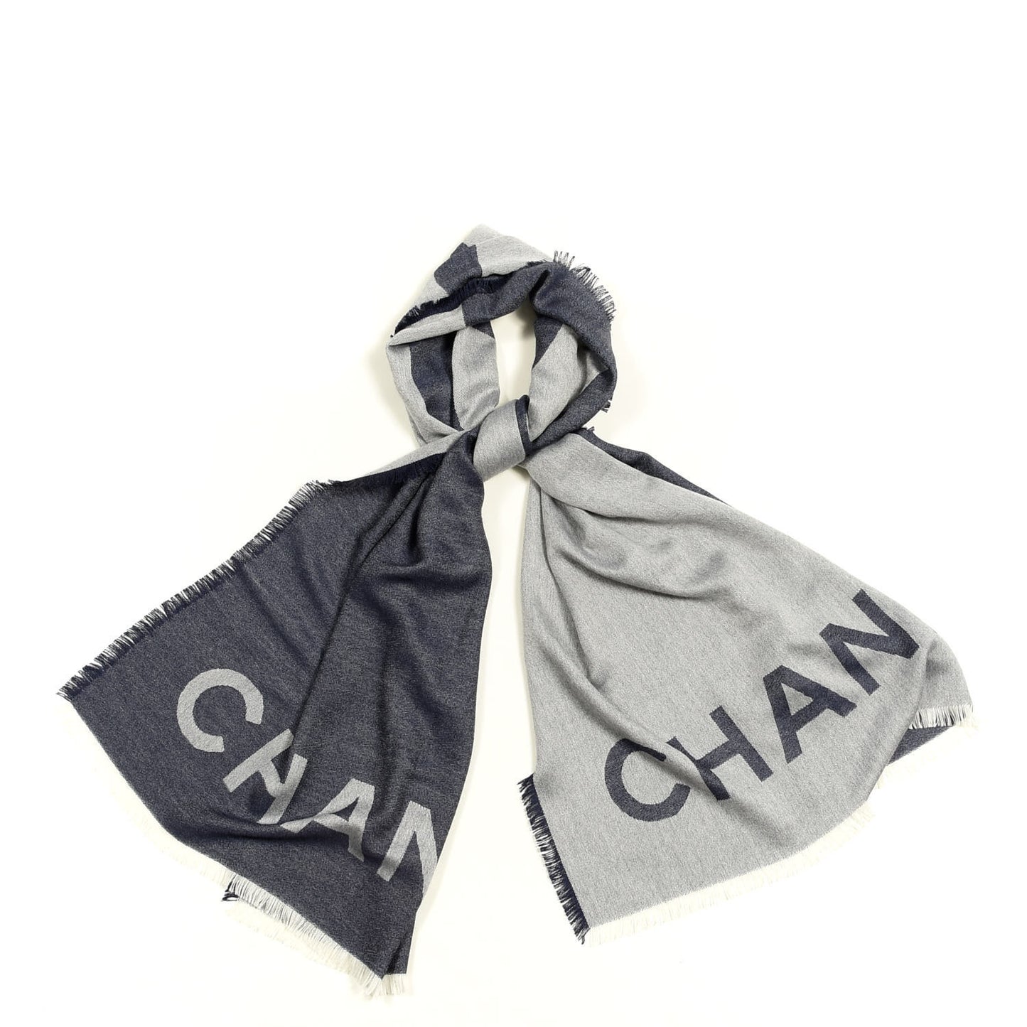 Cashmere Silk CC Logo Fringe Scarf Navy Blue