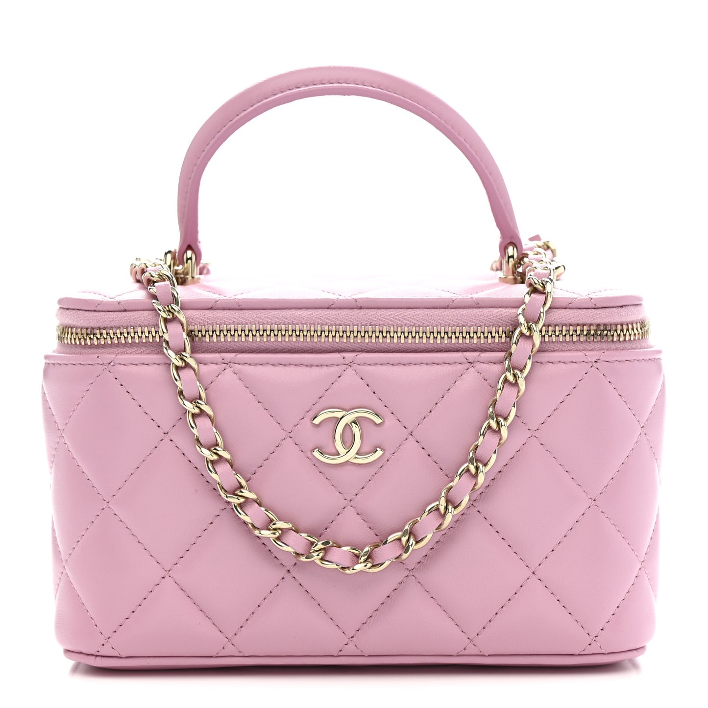 Lambskin Quilted Small Top Handle Vanity Case With Chain Pink