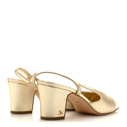 Chanel Metallic Calfskin Grosgrain Cap Toe CC Slingback Sandals 36 Gold 5 of 9