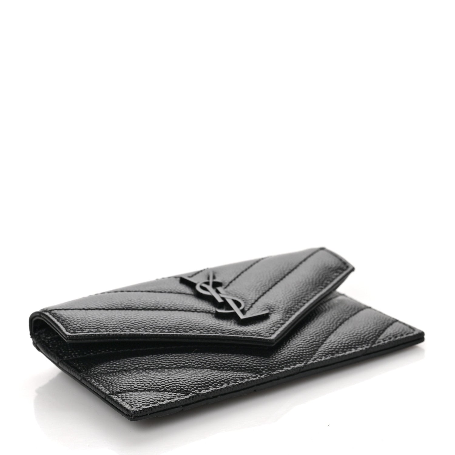 Saint Laurent Grain De Poudre Matelasse Chevron Monogram Monochrome Compact Wallet Black 4 of 6
