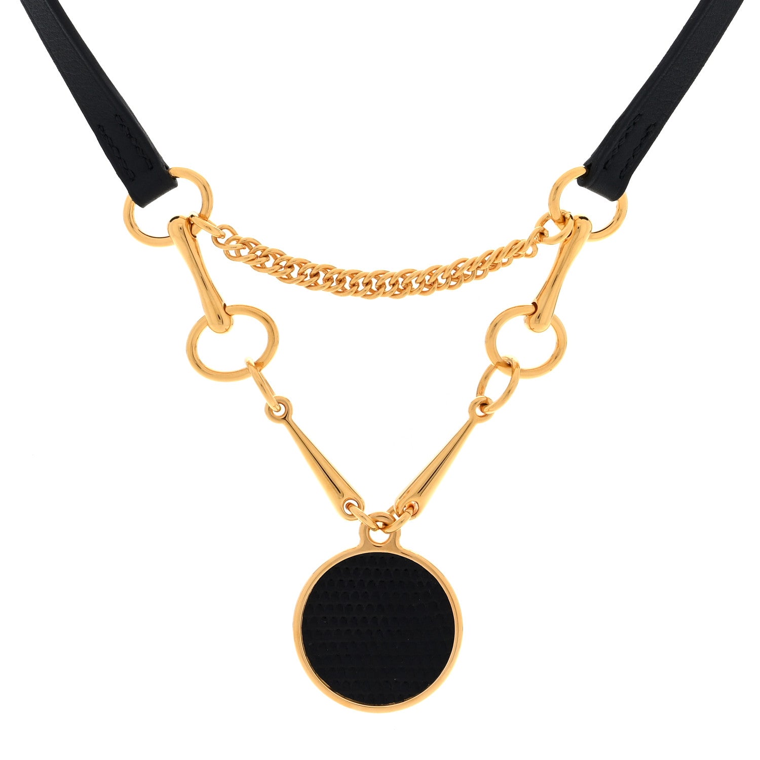 Hermes Swift Metal Lizard Heritage Equestre Pendant Collar Necklace Black Gold 1 of 6